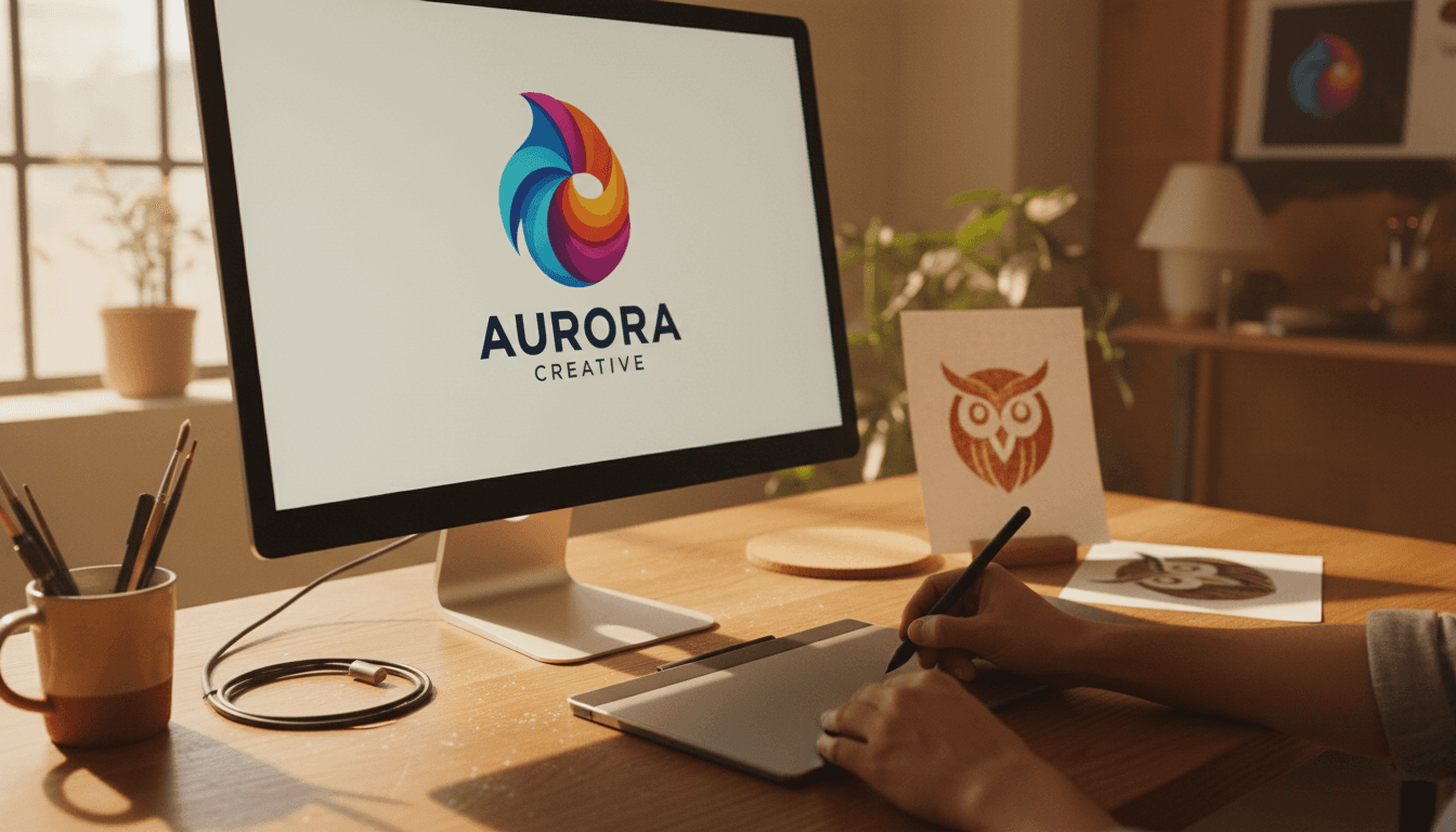 Designer working on vectorized logo design at computer workstation in Curitiba studio