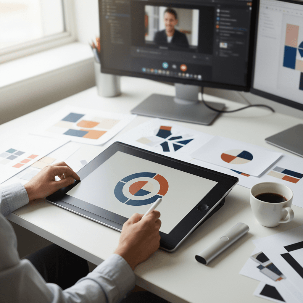 Designer's workspace showing logo vectorization on tablet with design tools and professional setup